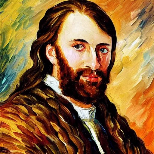 Prompt: portrait of a medieval nobleman with a long face, long brown hair and a closely - trimmed beard which is beginning to go grey. by leonid afremov