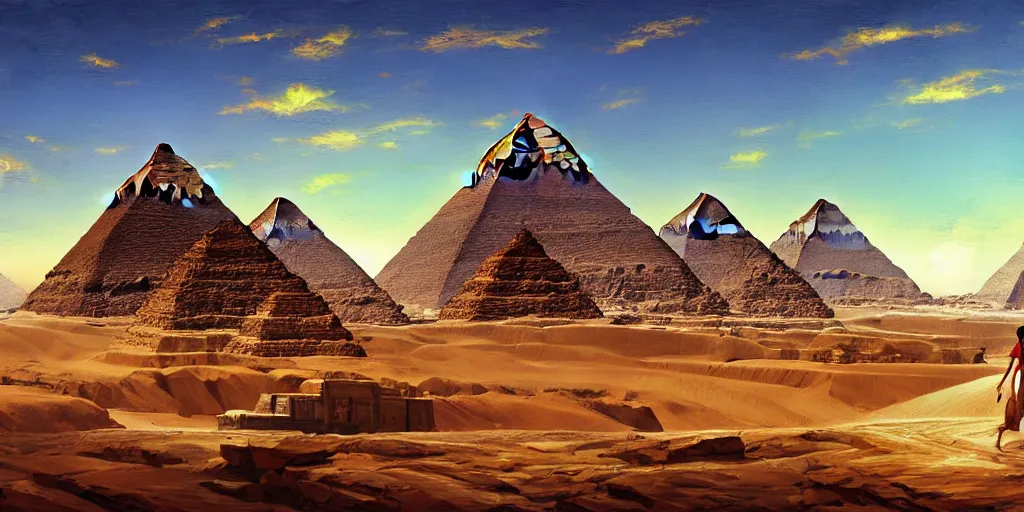 Image similar to egyptian landscape with pyramids by makoto shinkai