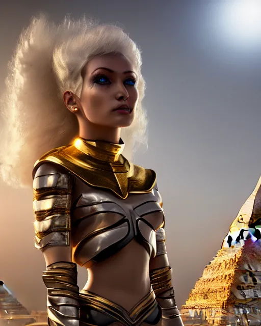 Image similar to girl exploring a pyramid, egyptian cyborg armor, white hair, atmosphere, gold, detailed, intricate, beautiful face, cinematic lighting, trending on artstation, blue eyes, 4 k, focused, extreme details, cinematic, masterpiece, by akihito tsukushi