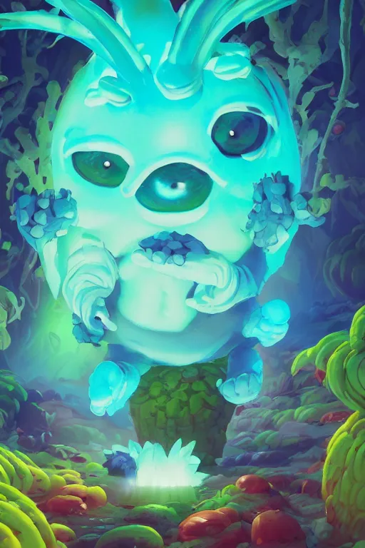 Image similar to smurf ghost creature animal sushi cristal very big eye roots cactus elemental flush of force nature micro world fluo fishscale, behance hd by jesper ejsing, by rhads, makoto shinkai and lois van baarle, ilya kuvshinov, rossdraws radiating a glowing aura global illumination ray tracing hdr