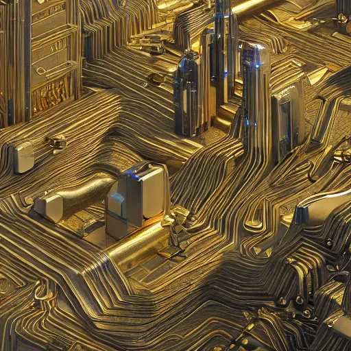 Image similar to gold and silver tones, cybernetic village on the outskirts of the universe, style of moebius, james jean, rutkowski, cinematic, high detail, award winning, 8 k photorealistic