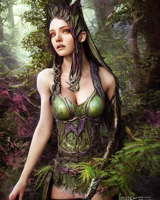 Prompt: high definition photograph female fantasy character art, hyper realistic, pretty face, hyperrealism, iridescence water elemental, snake skin armor forest dryad, woody foliage, 8 k dop dof hdr fantasy character art, by aleski briclot and alexander'hollllow'fedosav and laura zalenga