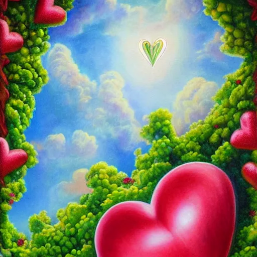 Prompt: a detailed fantasy painting of romantic hearts in the sky and broccolis floating in the sky, by lauri blank, artgerm, evelyn de morgan, 8K, 50mm lens