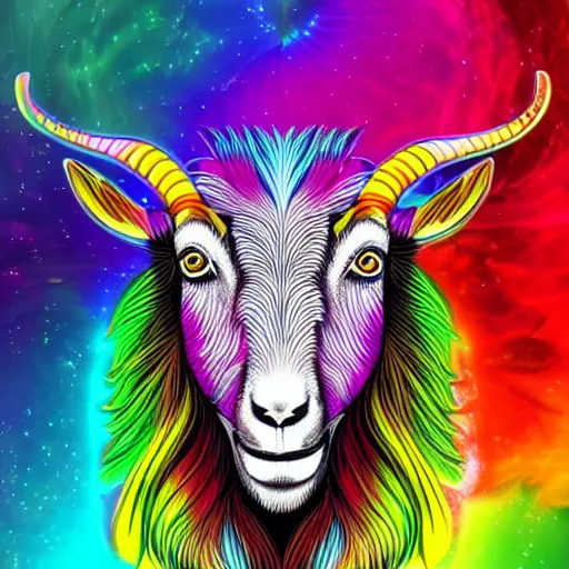 Prompt: beautiful majestic colorful vibrant, goat head, mane of multicolor flame, flat psychedelic illustration, fractals radial flowing
