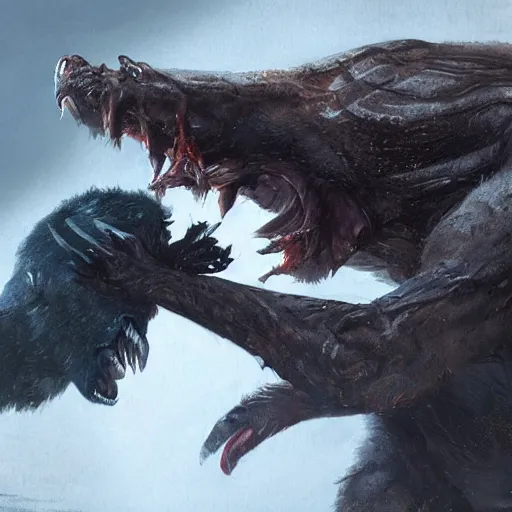 Prompt: An image of The predator from Prey Movie, attacking the bear, Greg Rutkowski, Ditigal Art, trendstation