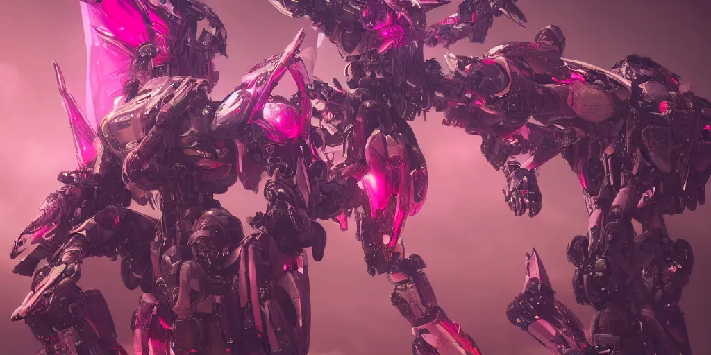 Image similar to a female mecha saints with huge wings flying in the fantasy forest is in pink and red collection by merriam, daniel, intricate mechanical details, futuristic, 2 k aesthetic, dramatic lighting, concept art, 4 k, 3 d octane render, provenance, detailed, trending on artstation