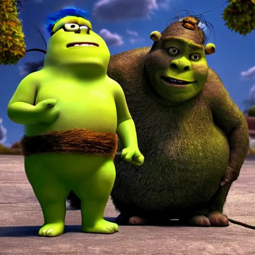 Image similar to “photograph of shrek holding hands with a minion. 8k resolution. Hyperrealistic. Romantic.”