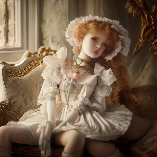 Image similar to A beautiful atmospheric photo of a beautiful Bjd doll girl, wearing cute victorian costume, fantasy tea cup, intricate details, sharp focus, symmetrical composition, octane render, 8k, volumetric lighting