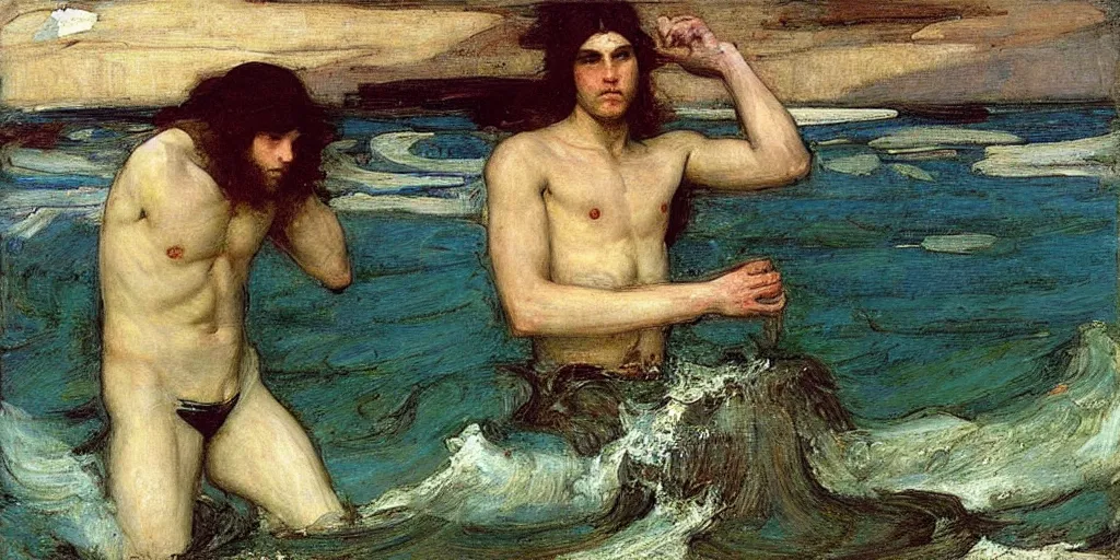 Prompt: A merman deep in the ocean, John William Waterhouse