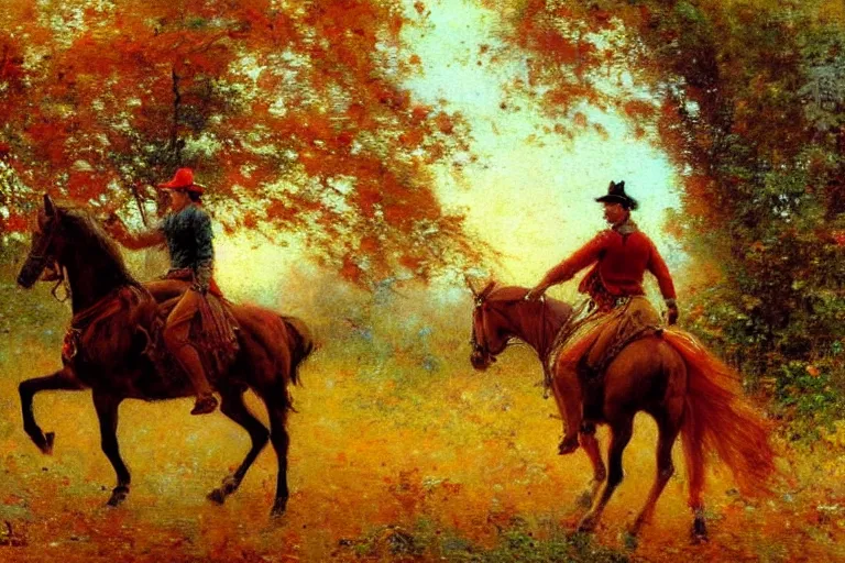 Prompt: attractive man riding a horse in the woods with falling red leaves, painting by gaston bussiere, ghibli style