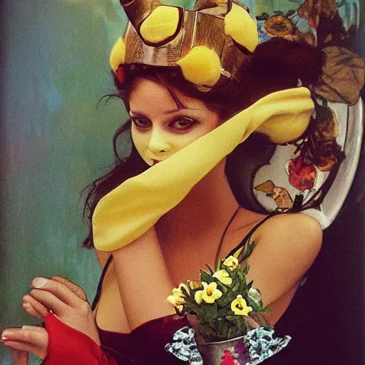 Image similar to elegant woman dressed up as pikachu, art photo by Annie Liebovitz and Alphonse Mucha, glossy, clean, old fashion