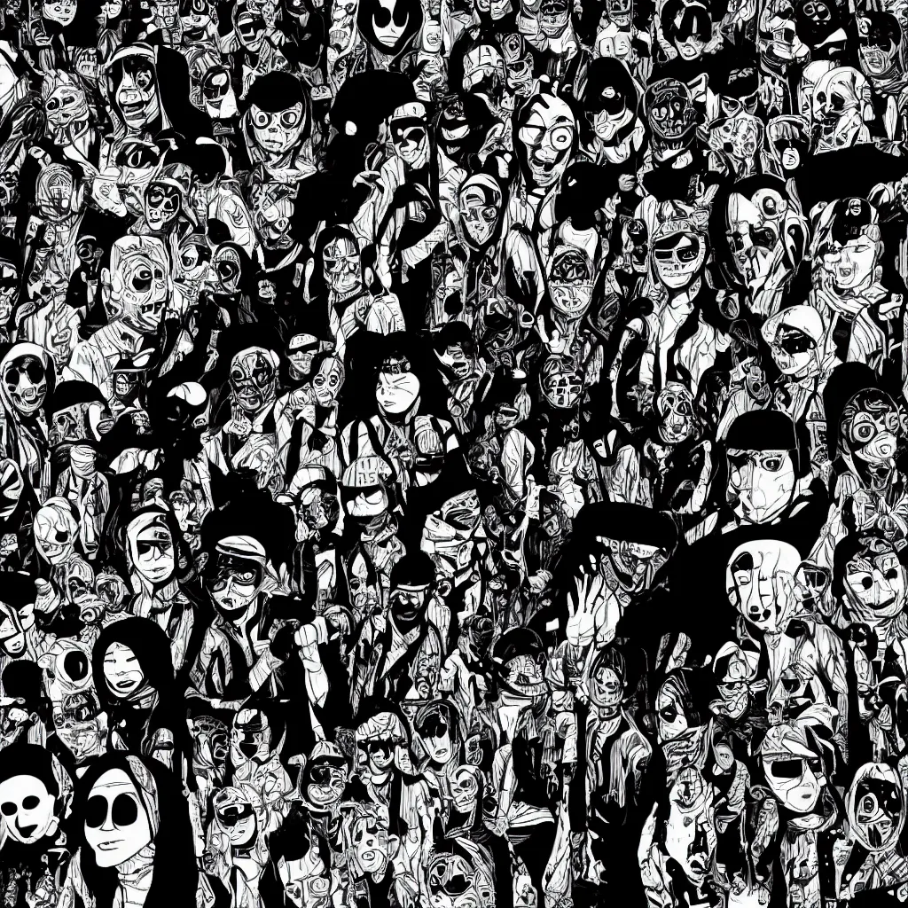 Image similar to faceless human figures, kazuo umezu artwork, jet set radio artwork, stripes, tense, space, cel - shaded art style, burqa, ominous, minimal, cybernetic, cowl, dots, stipples, lines, hashing, thumbprint, dark, eerie, motherboards, crosswalks, guts, folds, tearing