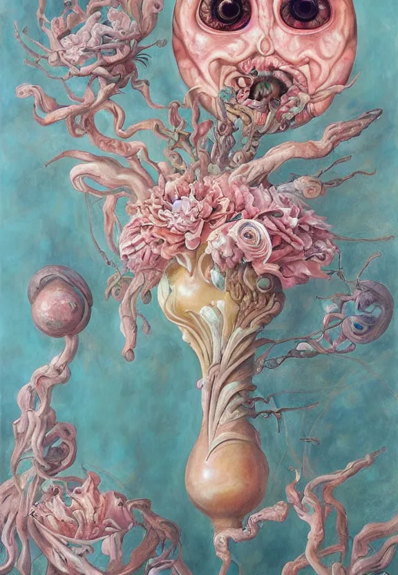 Image similar to a biomorphic painting of a vase with flowers and eyeballs in it, a surrealist painting by Marco Mazzoni, by Dorothea Tanning, pastel blues and pinks, featured on artstation, metaphysical painting, oil on canvas, fluid acrylic pour art, airbrush art, seapunk, rococo, lovecraftian