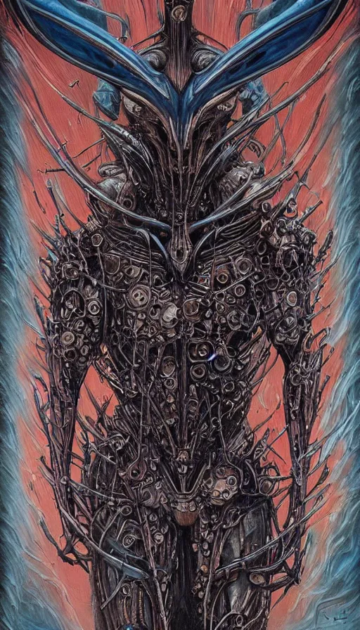 Prompt: Elden Ring and Guyver themed painting of cyber assassin symmetrical torso armor with crossed hands concept, intricate artwork by H.R. Giger, Johnatan Wayshak, Zdizslaw Beksinski, Ayami Kojima, Amano, Karol Bak, Moebius, and Mark Brooks, Neo-Gothic, gothic, rich deep colors, art by Takato Yamamoto, masterpiece, face by Artgerm, very coherent artwork, cinematic, hyper realism, high detail, octane render, unreal engine, 8k, High contrast, golden ratio, trending on cgsociety