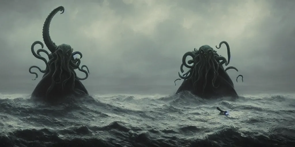 Image similar to cthulhu rising out of the ocean, hyper realistic oil painting, dark, moody cinematic lighting, creepy, fog, storm clouds, by greg rutkowski, trending on artstation