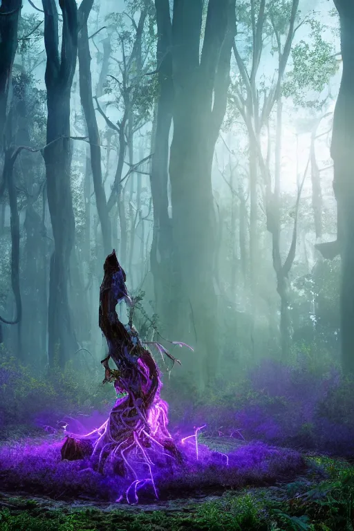 Prompt: a gigantic shaman figure within the purple forest as the sunlight breaks through the trees, neon blue cloak, smoke, smog, roots, mycelium, vines, ultradetailed, volumetric lighting, 4k UHD.