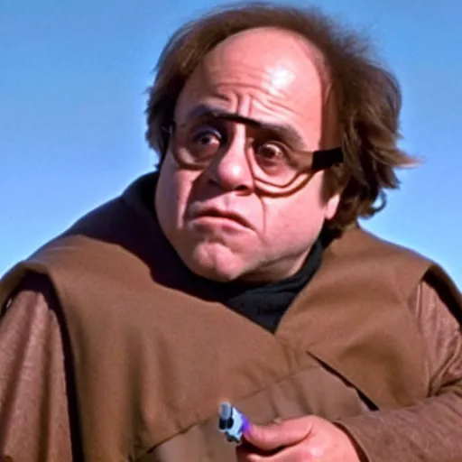 Image similar to movie still of Danny DeVito as Luke Skywalker with lightsaber