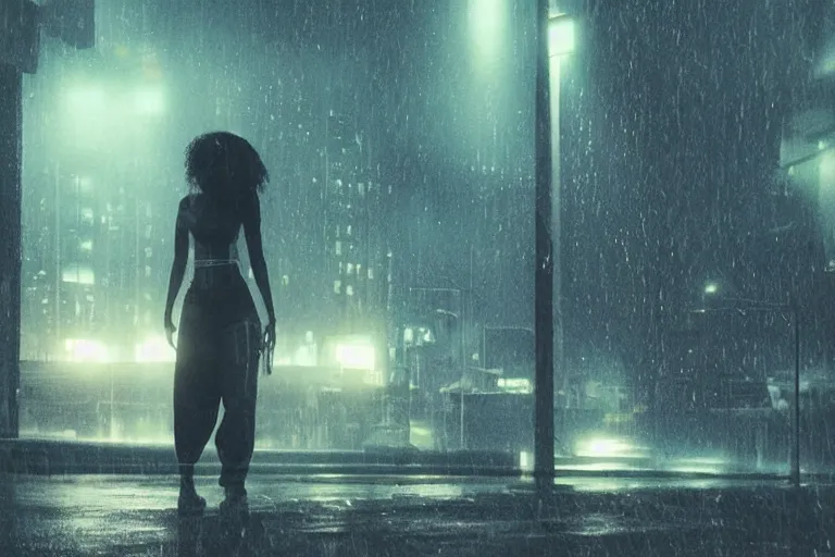 Image similar to vfx cyberpunk beautiful black woman photo real, sci-fi city street night lighting, rain and fog by Emmanuel Lubezki