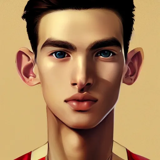 Image similar to colorful Captivating teenage boy with brown blond short quiff hair and thin facial structure with cleft chin, good definition of cheekbones, Alert eyes, narrow face, brown eyes with red eye markers, slim body, wearing a detailed Japanese kimono with golden details, atmospheric lighting, painted, intricate, 4k, highly detailed by Charlie Bowater