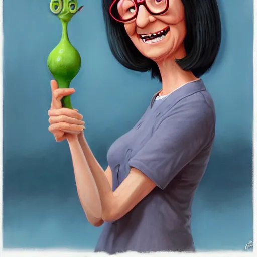 Image similar to beautiful hyperrealistic detailed matte portrait painting of happy linda belcher from bobs burger, by andreas rocha and john howe, and martin johnson