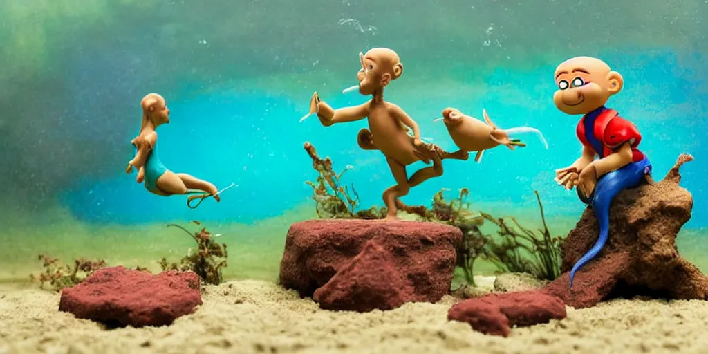 Prompt: siamese fighting fish. plasticine model in water. figures clay. tilt shift. clay figure. surreal. tropical fish tank with sand. strange. weird. astrix and obelisk. tintin. hands. tank. wallace and gromit. aquatic photography. photorealistic. waiting room