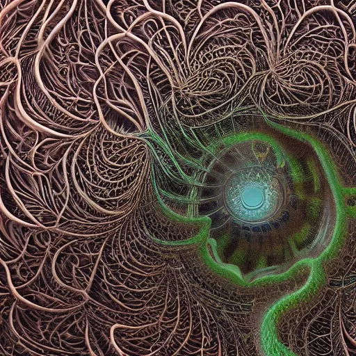 Prompt: an intricate and detailled illustration close - up of intricate fractal mandelbulb made of smoke and vines, lot of eyes, rendered in cinema 4 d, by esao andrews and karol bak and zdzislaw beksinski and zdzisław beksinski, trending on art station