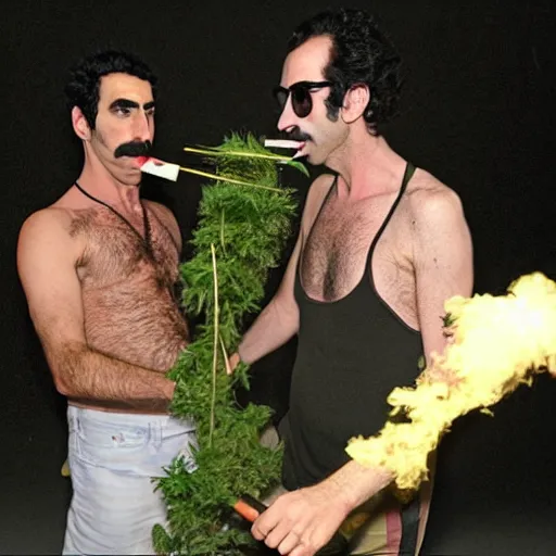 Image similar to Sacha Baron Cohen as borat smoking a giant rolled cannabis cigarette, smoke, 8k, hyper-detailed, cinematic