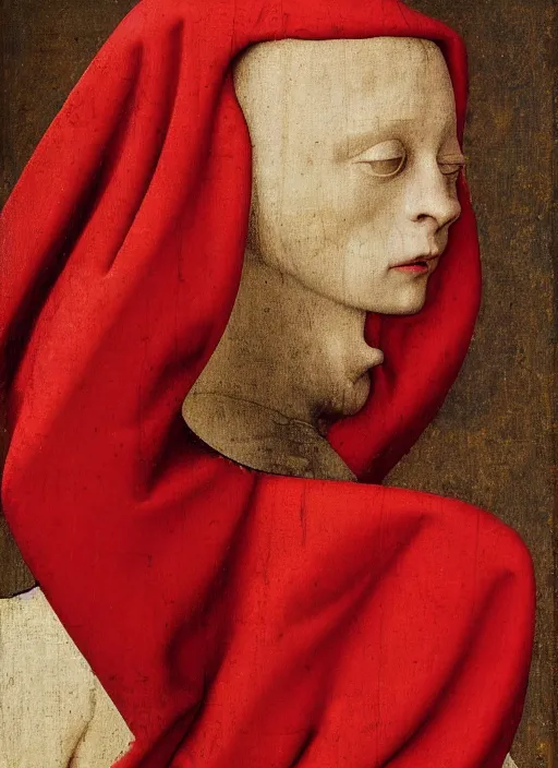 Image similar to profile of a fallen angel dressed in red with wings by Jan van Eyck, Hieronymus Bosch, Johannes Vermeer 4k post-processing, highly detailed medieval painting