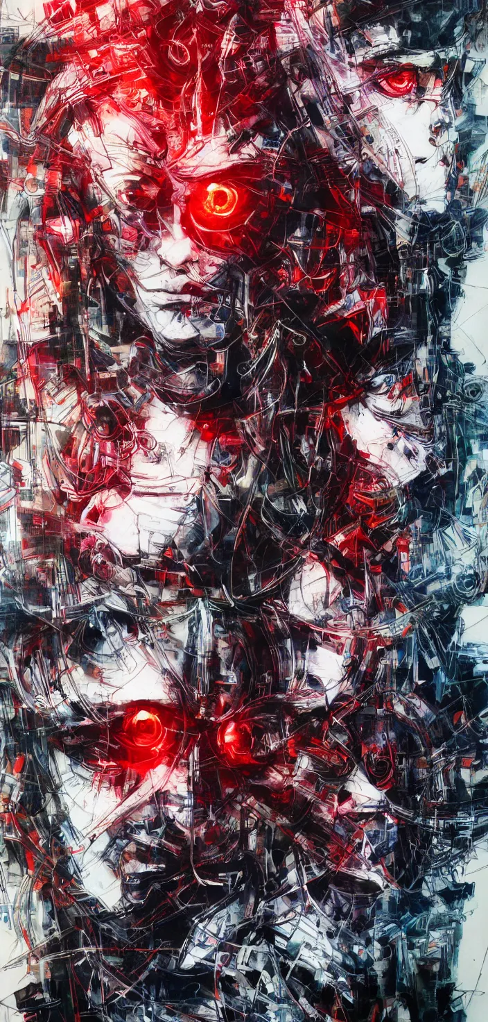 Prompt: sparks, cyborg, red eyes, painting by greg ruthowski, yoshikata amano, yoji shinkawa, alphonse murac, collaborative artwork, beautifully drawn, heavily detailed