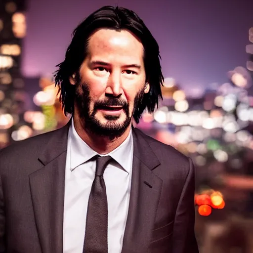 Image similar to a still of Keanu Reeves. Shallow depth of field. City at night in background, lights, colors ,studio lighting, mood, 4K. Profession photography