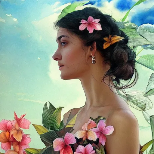 Prompt: Tropical Flowers, Watercolor, photorealistic, high resolution, award winning, trending on artstation, olive skin, long dark hair, beautiful bone structure, intricate, elegant, highly detailed, digital painting, artstation, concept art, smooth, sharp focus, illustration, art by artgerm and greg rutkowski and alphonse mucha