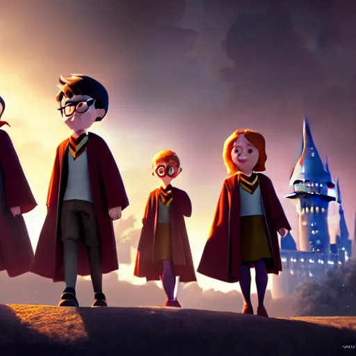 Prompt: a wholesome animation key shot of harry potter students, pixar and disney animation, sharp, very detailed, high resolution, rendered in unreal engine 5, key art by greg rutkowski, bloom, dramatic lighting