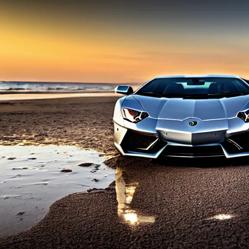 Image similar to A beautiful silver Lamborghini aventador on the beach, 8k, beautiful reflection