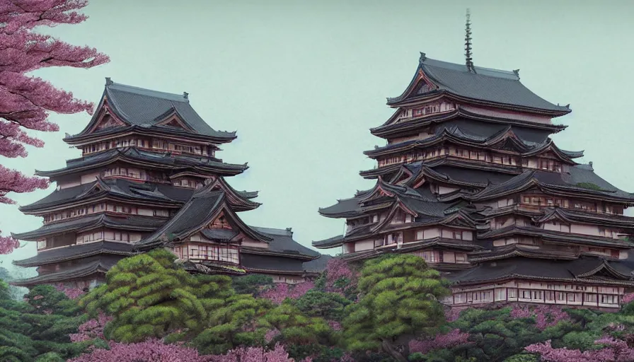 Prompt: A highly detailed matte painting of the huge japanese castle, wooden and dark, with matsu pine trees, with sakura cherry trees, by Studio Ghibli, Makoto Shinkai, by Artgerm, by beeple, by Greg Rutkowski, volumetric lighting, octane render, 4K resolution, trending on artstation, masterpiece