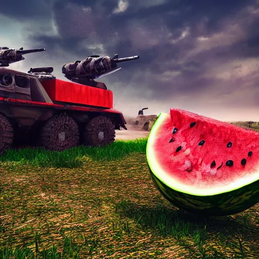 Prompt: Very very very very highly detailed Watermelon as military vehicle with epic weapons, on a battlefield in russian city as background. Photorealistic Concept 3D digital art in style of Caspar David Friedrich, super rendered in Octane Render, epic dimensional light