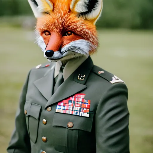 Image similar to a Fox dressed in a modern American general uniform, 85mm f/1.4