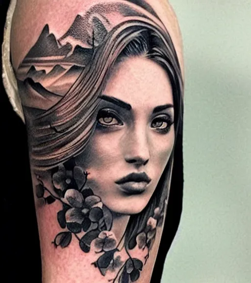 Prompt: hyper realistic tattoo design of a very beautiful woman against a background of beautiful mountains and nature, in the style of den yakovlev, amazing detail