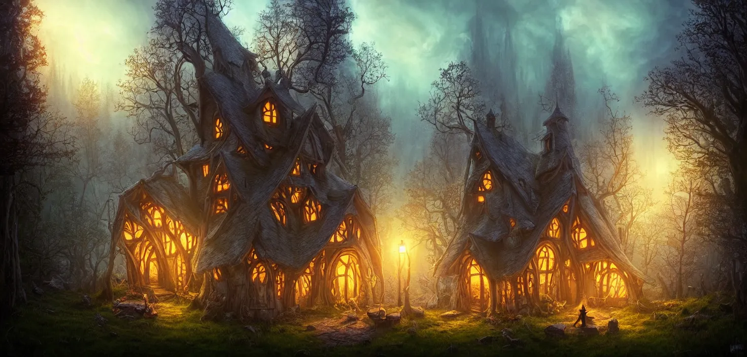 Prompt: fairy tale magical witch house, glowing wooden doors and windows. witch hunt in the forest. illustration for a book of fairy tales, cinematic view, epic sky, detailed, concept art, low angle, high detail, warm lighting, volumetric, godrays, vivid, beautiful, trending on artstation, by jordan grimmer, huge scene, grass, art greg rutkowski