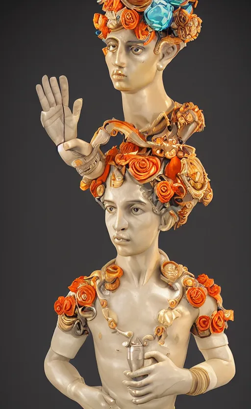 Image similar to a young handsome latino porcelain prince sculpture with a face of a CRT monitor and a large glowing orange crystal in the center of his chest, full-body bronze cyberpunk style statue of Andromeda with glowing green laser eyes, crown of mechanical roses, flowing aqua silk, fabric, steampunk flowers. baroque elements, human hands. full-length view. baroque element. intricate artwork by caravaggio. many flying horses on background. Trending on artstation, octane render, cinematic lighting from the right, hyper realism, octane render, 8k, depth of field, 3D