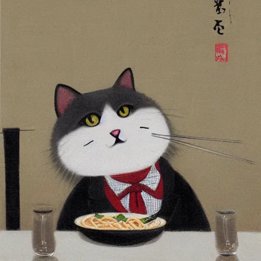 Image similar to Fat, cute grey striped cat in a suit eating ramen, busy restaurant, ukyio-e, painting by Koson Ohara, details, 4K, 8K