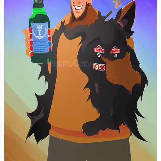 Image similar to a humanoid german shepherd beast - man in soccer style, holding a bottle of beer, artstation, concept art, smooth, sharp foccus ilustration, artstation