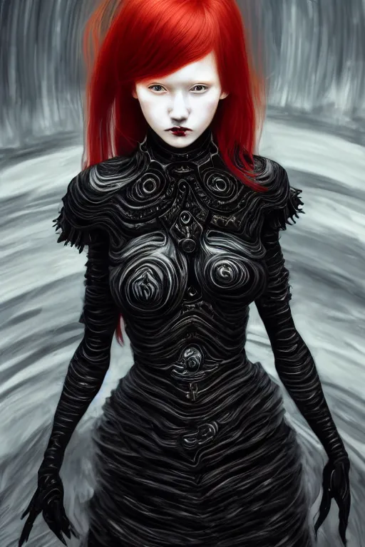 Image similar to redhead girl in ornate black dress, vogue, glowing eyes, character concept, angry light, dark mood, realistic body features and face, illustration, painting oil on canvas by Ayami Kojima and Tomoyuki Yamasaki and Tsutomu Nihei, octane render trending on artstation, 4k, 8k, HD