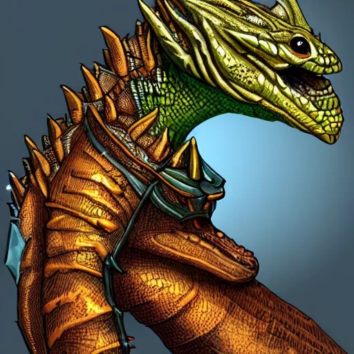 Image similar to full portrait of a lizard wearing rogue armor, Lizardman thief, D&D, fantasy setting, digital painting, highly detailed, concept armor, sharp focus