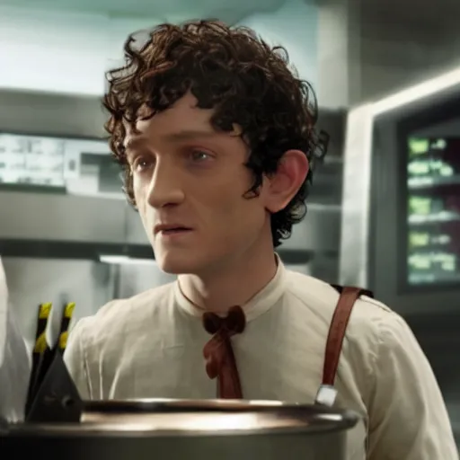 Image similar to film still of frodo working at mcdonalds in the new batman movie, high detail shot, smoking, render, cgsociety, photorealism