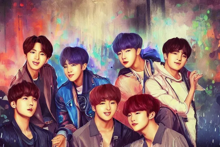 Prompt: “ a portrait of members of bts band, rainy background, bright art masterpiece artstation. 8 k, sharp high quality artwork in style of jose daniel cabrera pena, concept art by tooth wu, hearthstone card game artwork. ”