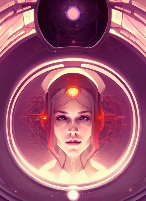 Image similar to symmetry, girl in a spaceship intricate, elegant, highly detailed, digital painting, artstation, concept art, smooth, sharp focus, illustration, art by artgerm and greg rutkowski and alphonse mucha