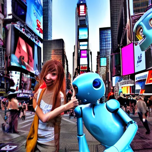 Prompt: an alien and a robot taking a selfie together in new york, times square, digital art by bob eggelton and jim burns