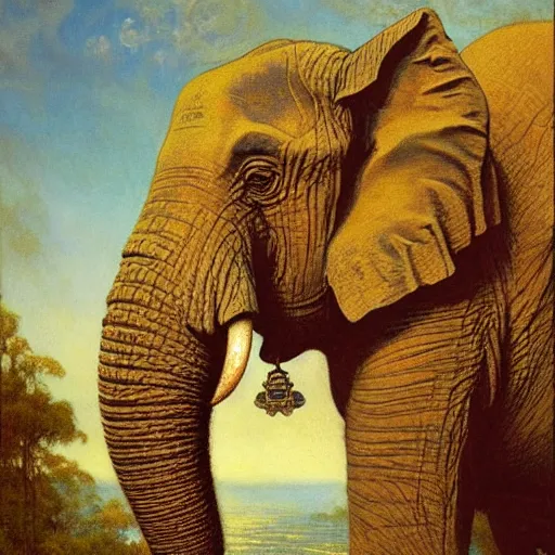 Prompt: srilankan elephant with high - teh steampunk head armour baroque style, painting by gaston bussiere, craig mullins, j. c. leyendecker, lights, art by ernst haeckel, john william godward, hammershøi,