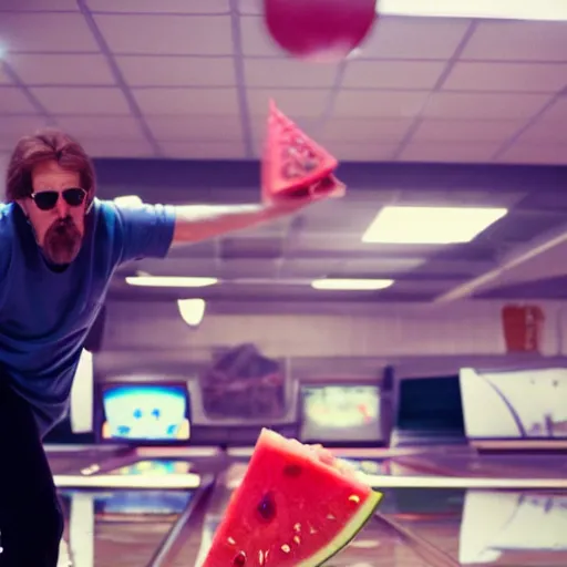 Image similar to big lebowski throwing watermelon in bowling alley, cinematic action still, award winning professional food photography