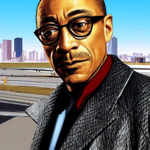 Prompt: Giancarlo Esposito aka Gus Fring from Better Call Saul as a GTA character portrait, Grand Theft Auto, GTA cover art